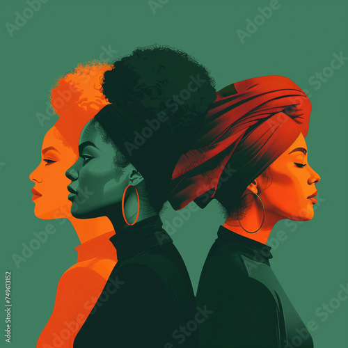 An orange and dark green duotone image of three women for women's history celebrating women's history