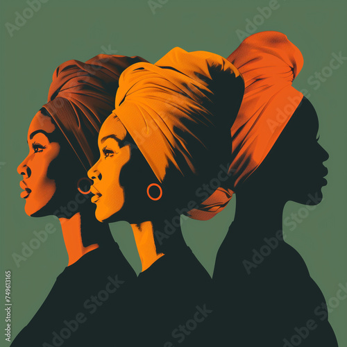 An orange and dark green duotone image of three women for women's history celebrating women's history