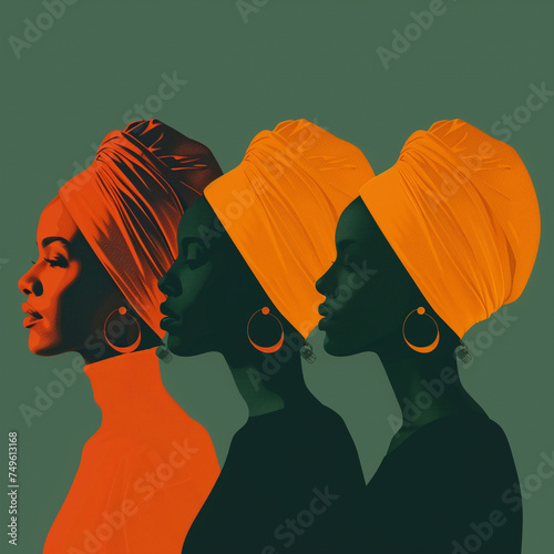 An orange and dark green duotone image of three women for women's history celebrating women's history