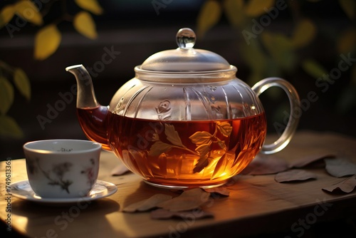 Glass teapot sits elegantly on wooden table next to steaming cup of tea, creating tranquil scene for cozy afternoon break. Scene evokes sense of comfort and relaxation. Calming moment in busy day.