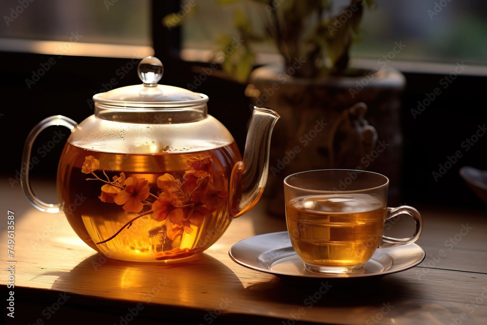 Glass teapot sits elegantly on wooden table next to steaming cup of tea, creating tranquil scene for cozy afternoon break. Scene evokes sense of comfort and relaxation. Calming moment in busy day. Glass teapot sits elegantly on wooden table next to steaming cup of tea, creating tranquil scene for cozy afternoon break. Scene evokes sense of comfort and relaxation. Calming moment in busy day.