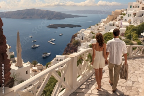 Couple on Santorini enjoying the view of the caldera and the Aegean Sea. Honeymoon, travel, vacation, or tourism concept with couple holding hands while walking in Santorini, Greece.