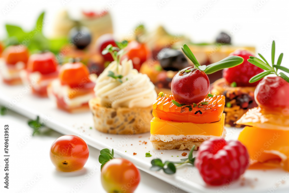 Gourmet canapes on a white platter, a mix of fresh fruits, vegetables, and creamy toppings. Ideal for culinary websites, food blogs, and restaurant promotions Gourmet canapes on a white platter, a mix of fresh fruits, vegetables, and creamy toppings. Ideal for culinary websites, food blogs, and restaurant promotions