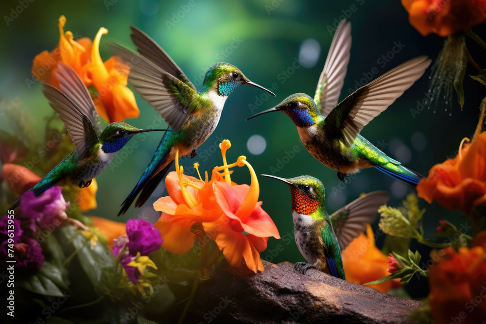 Fototapeta premium Colorful hummingbirds feeding on nectar from spring flowers