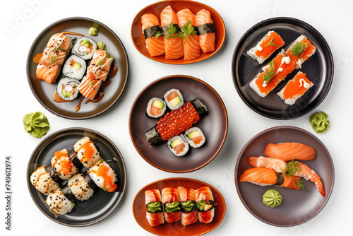 Top view of assorted sushi sets on colorful plates on a white background, perfect for food blogs or restaurant menus.