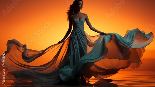 An artistic silhouette of a model in a flowing dress, posed against a gradient background transitioning from warm orange to cool blue