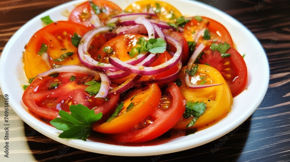 Plate with tomatoes, onions and basil. Neural network AI generated art Plate with tomatoes, onions and basil. Neural network AI generated art