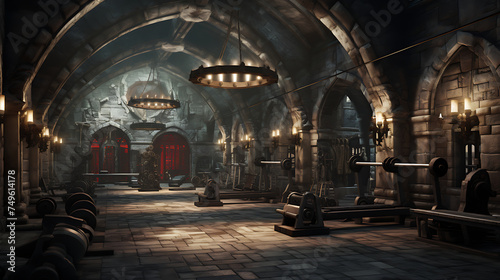 A gym interior for a medieval castle dungeon fitness center, with dungeon-inspired workouts and castle architecture.