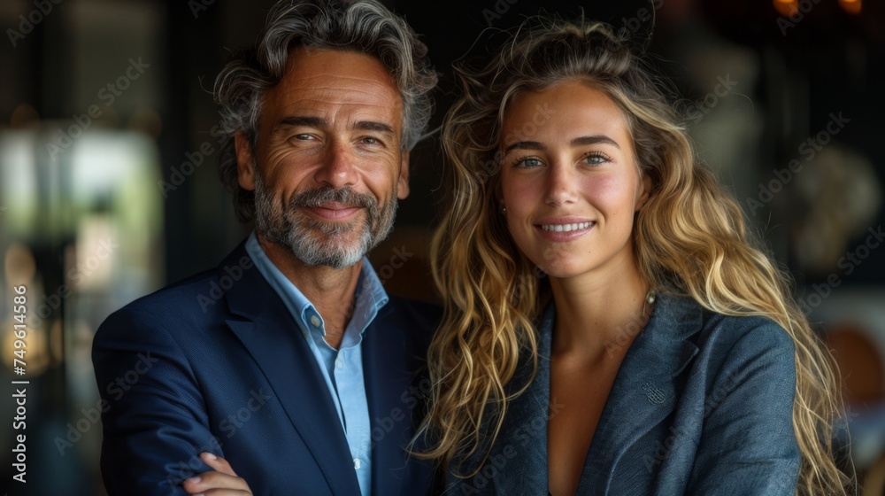 Portrait of successful male and female in business suits, arms crossed and smiling. Team. dark background, room for copy space. Portrait of successful male and female in business suits, arms crossed and smiling. Team. dark background, room for copy space.