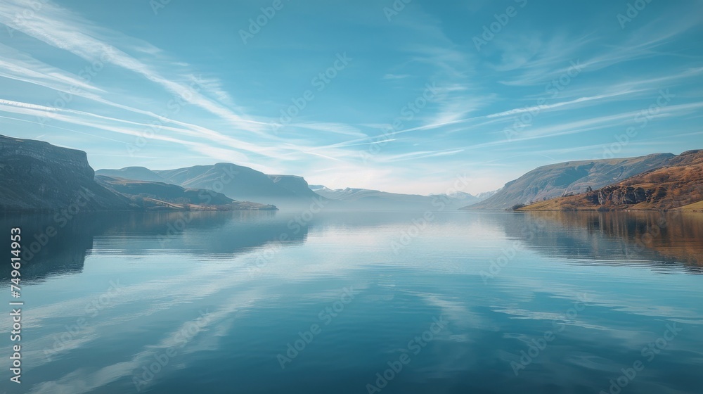 Majestic Lake Surrounded by Mountains - obrazy, fototapety, plakaty 