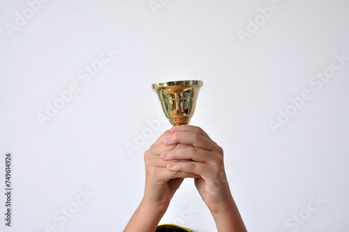 menina com cores do brasil comemorando vitória com taça  photo