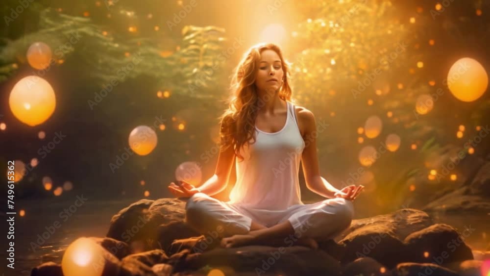 
A woman in lotus pose in nature, practicing yoga meditation in a forest, mindfulness until spiritual awareness and nirvana inside mystical light effects