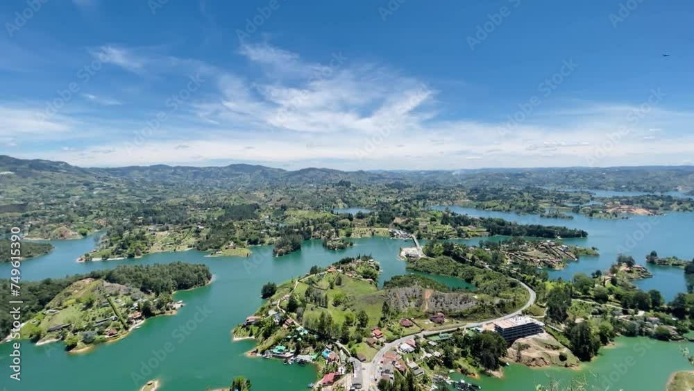 Aerial view to Guatape lakes and mountains, el Peñol rock, Antioquia, Colombia Aerial view to Guatape lakes and mountains, el Peñol rock, Antioquia, Colombia