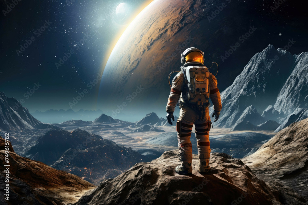 Obraz premium Astronaut exploring the surface of an exoplanet
