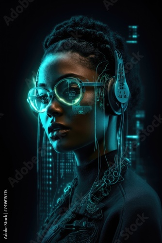 Portrait of a futuristic African-American woman wearing headphones and glasses in turquoise-neon color