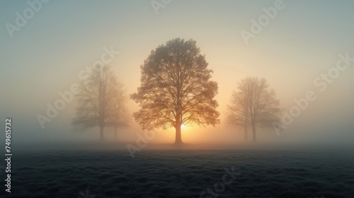 Foggy Field With Lone Tree