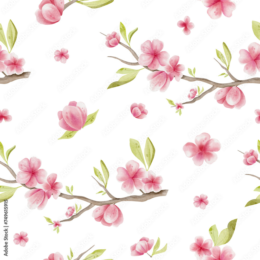 Watercolor seamless pattern with pink blossom cherry. Hand drawn floral background with sakura. Watercolor seamless pattern with pink blossom cherry. Hand drawn floral background with sakura.
