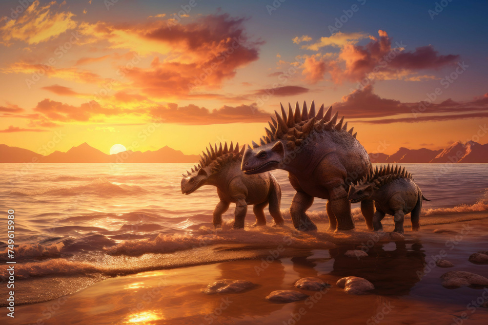 Fototapeta premium Stegosaurus family walking on prehistoric beach