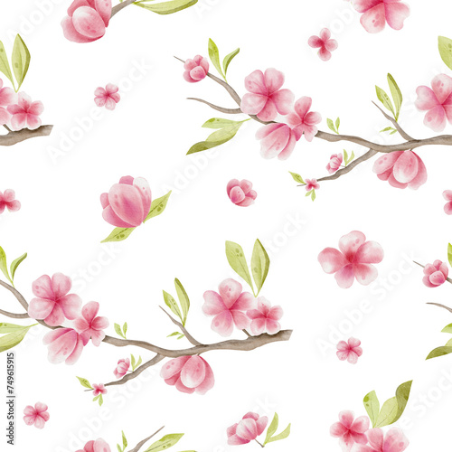 Fototapeta Naklejka Na Ścianę i Meble -  Watercolor seamless pattern with pink blossom cherry. Hand drawn floral background with sakura.
