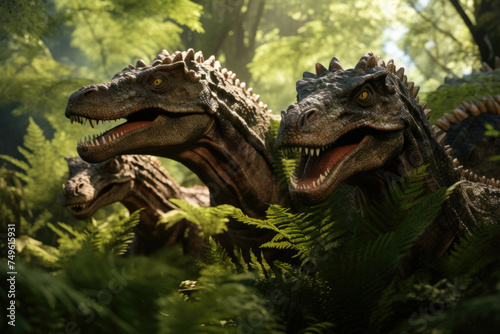 Ankylosaurs resting in prehistoric fern grove photo