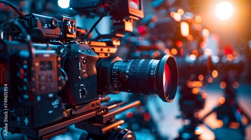 close up on media production video cameras in a recording studio  all logos or trademark signs and elements were cloned away or blurred out.