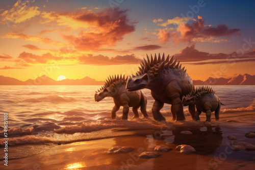 Stegosaurus family walking on prehistoric beach