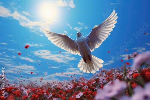 Dove flying over poppy field