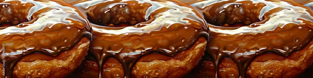Close-up of delectable glazed donuts lined up showcasing their shiny icing and tempting texture perfect for a sweet snack