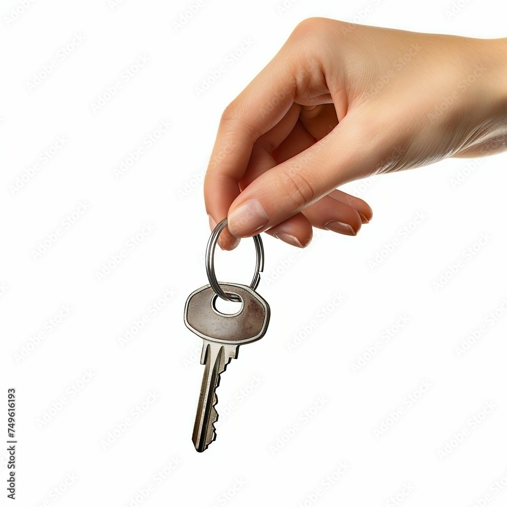 Woman's Hand Holding House Key Against White Background. Generative ai