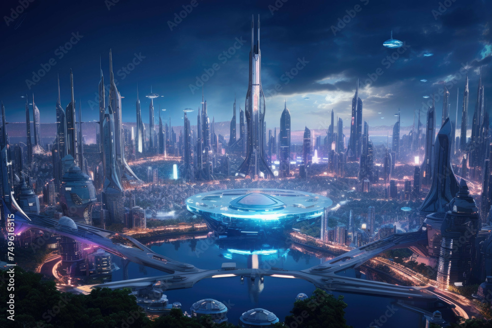 Obraz premium Futuristic city on a distant planet with advanced technology and flying vehicles.