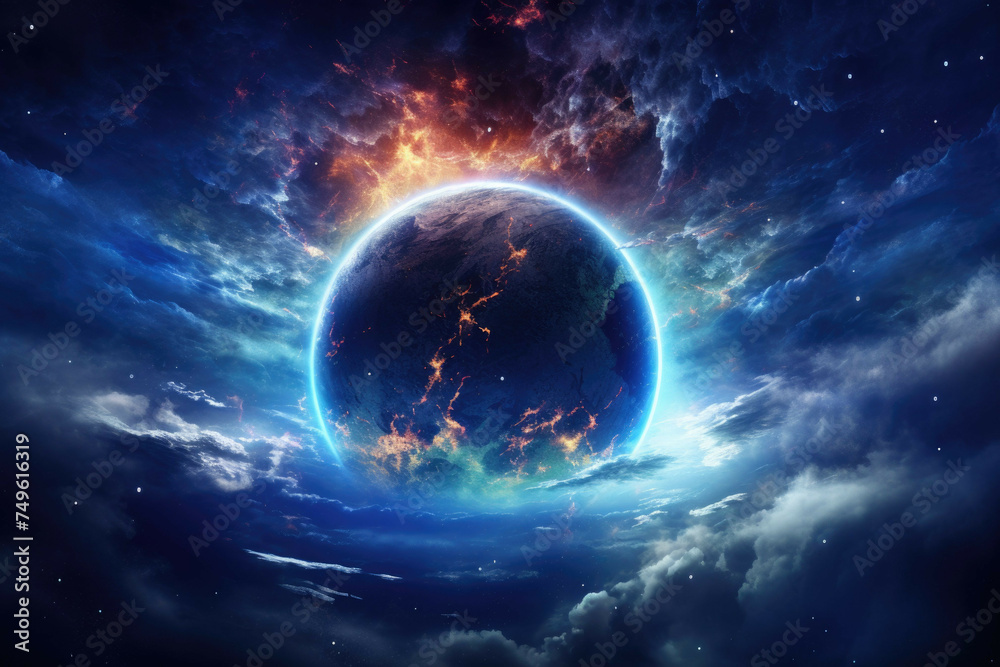 Majestic planet with swirling clouds and sparkling stars. Majestic planet with swirling clouds and sparkling stars.