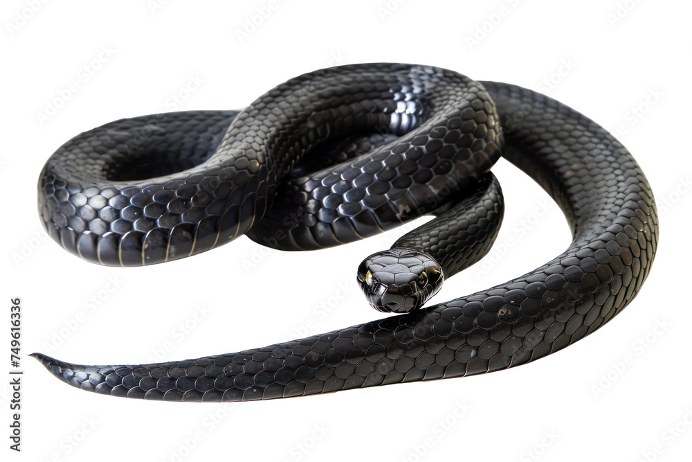 Obraz premium Black coiled snake with shiny scales, cut out - stock png.