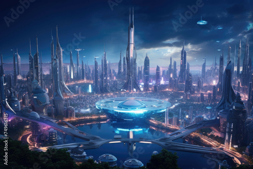 Futuristic city on a distant planet with advanced technology and flying vehicles.