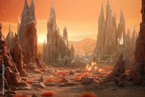 Alien landscape on a desert planet with towering rock formations and glowing crystals.