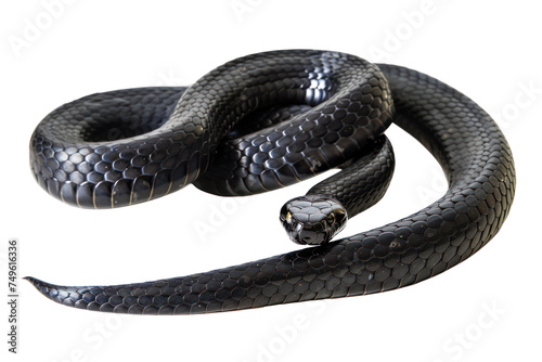 Black coiled snake with shiny scales, cut out - stock png.