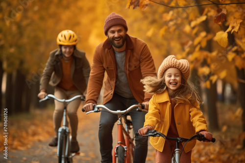 Family on scenic bike ride in autumn park