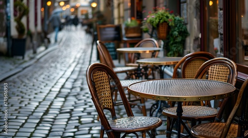 Empty European styled classic cafe table on the side walk of paved stones street