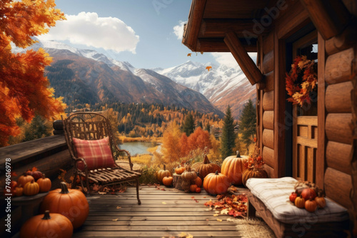 Cozy cabin in mountain with autumn foliage