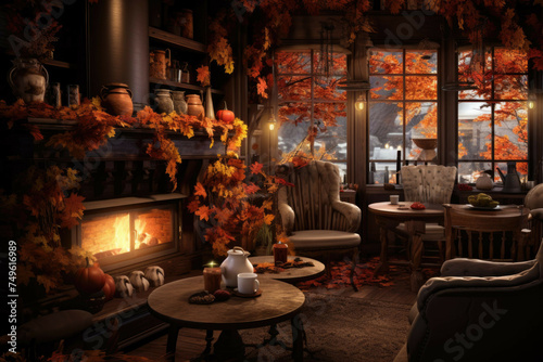 Cozy autumn-themed coffee shop with fireplace