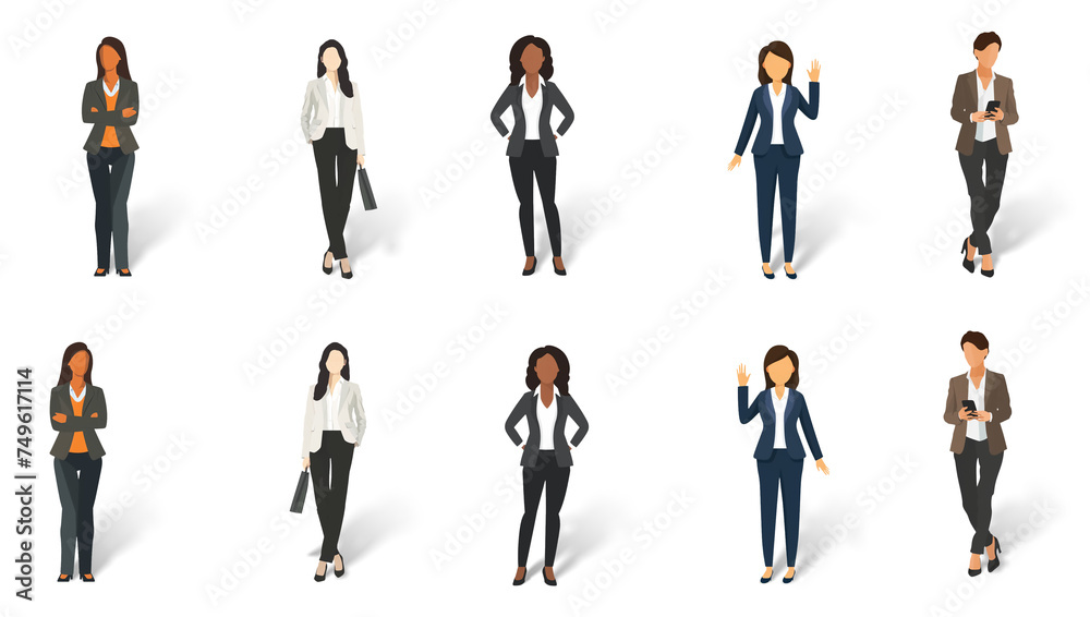 Set of minimal flat drawing illustrations - different women in smart elegant clothes, transparent background with shadow, facing both ways. Generative AI	