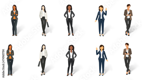 Set of minimal flat drawing illustrations - different women in smart elegant clothes, transparent background with shadow, facing both ways. Generative AI 