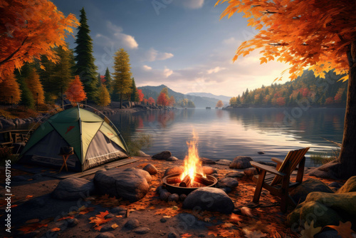 Scenic lakeside campsite in autumn