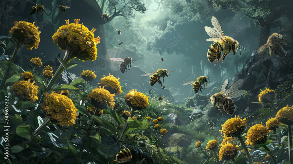 Hive Activity: Bees and Flowers, bees in their habitat - obrazy, fototapety, plakaty 