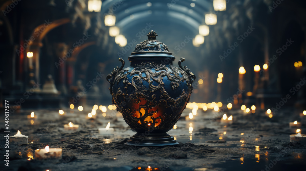 urn with ashes on the background of a crypt, temple, funeral, death, cremation, vase, bowl, culture, religion, tradition, ritual, ancient relic, museum, cemetery, remains - obrazy, fototapety, plakaty 
