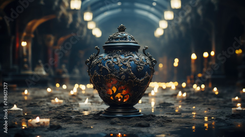 urn with ashes on the background of a crypt, temple, funeral, death, cremation, vase, bowl, culture, religion, tradition, ritual, ancient relic, museum, cemetery, remains photo