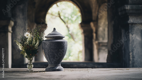 urn with ashes on the background of a crypt, temple, funeral, death, cremation, vase, bowl, culture, religion, tradition, ritual, ancient relic, museum, cemetery, remains