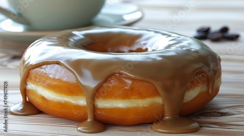 Close-Up of a Caramel Glazed Doughnut on a Bamboo Mat with a Blurry Cup in the Background