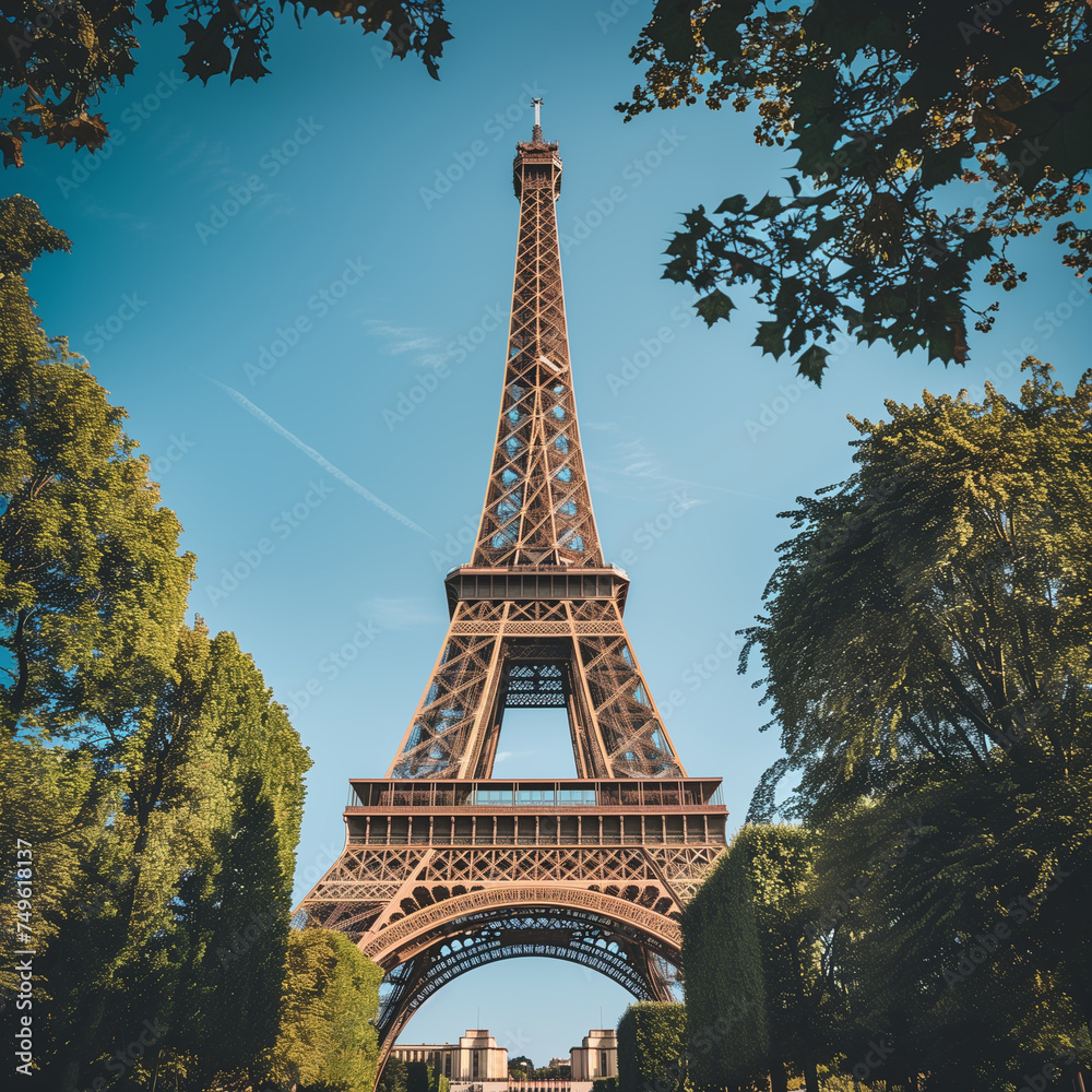 Majestic Eiffel Tower Surrounded by Lush Greenery in Paris