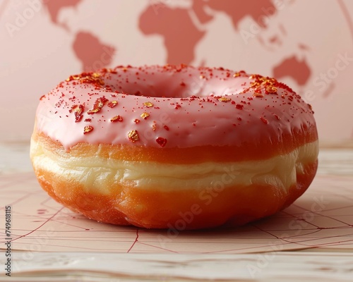 Gourmet Pink Glazed Doughnut with Gold Sprinkles on a White Marble Background and Geometric Patterns