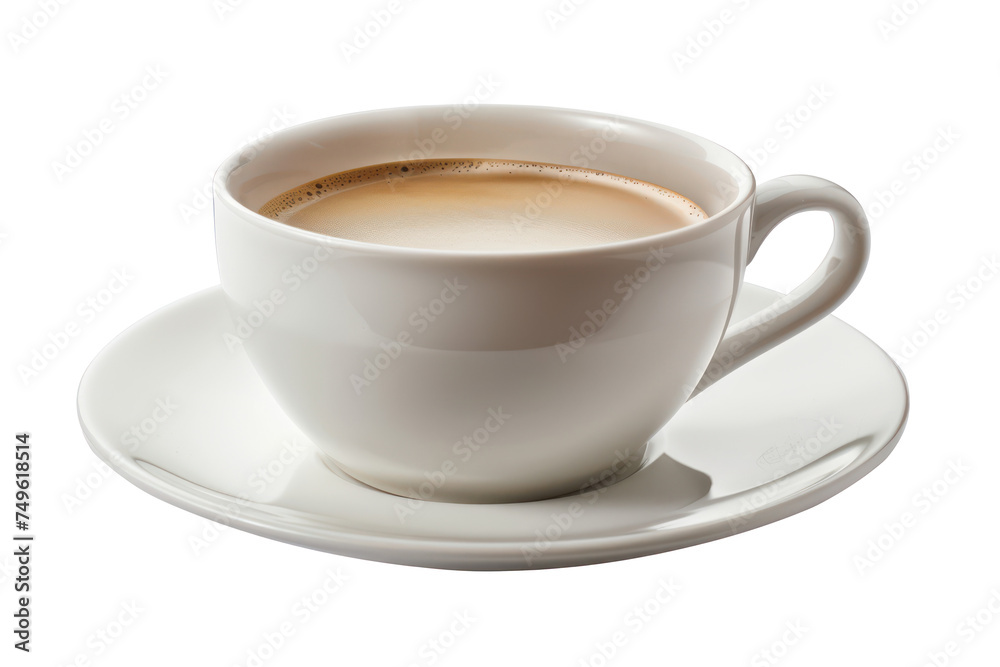 Steaming espresso coffee in a white ceramic cup with saucer, cut out - stock png. Steaming espresso coffee in a white ceramic cup with saucer, cut out - stock png.